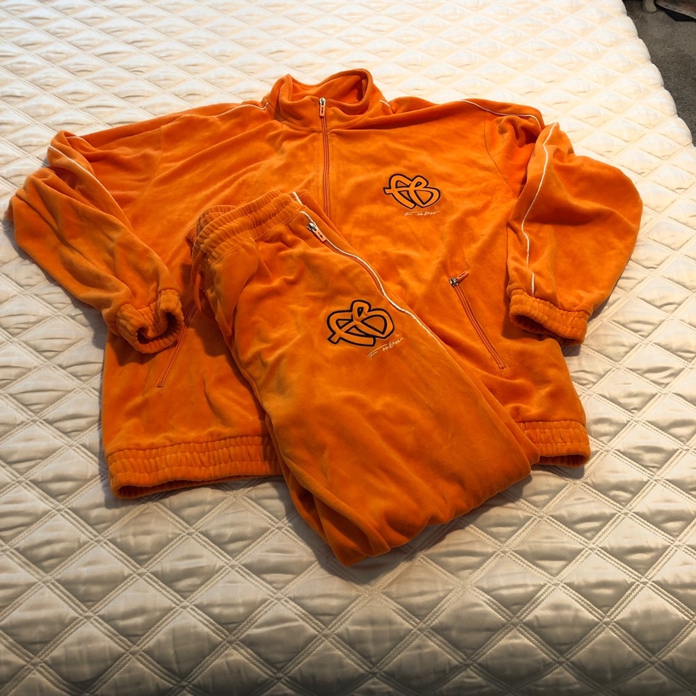 FUBU & FOREVER 21 Y2K Embroidered Orange Velour Tracksuit Sweat Suit Pls Read